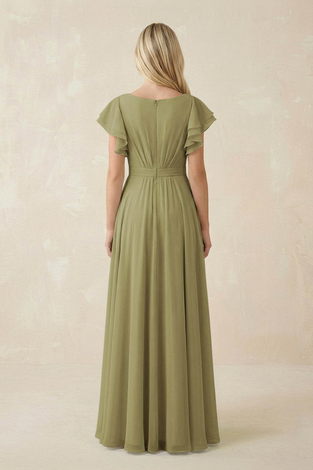 Cap Sleeve Ruffled A-Line Chiffon Bridesmaid Dress in Moss Green