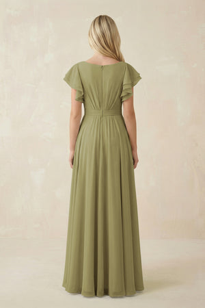 Moss Green Cap Sleeve Ruffled A-Line Chiffon Bridesmaid Dress (2) | KISSBRIDAL