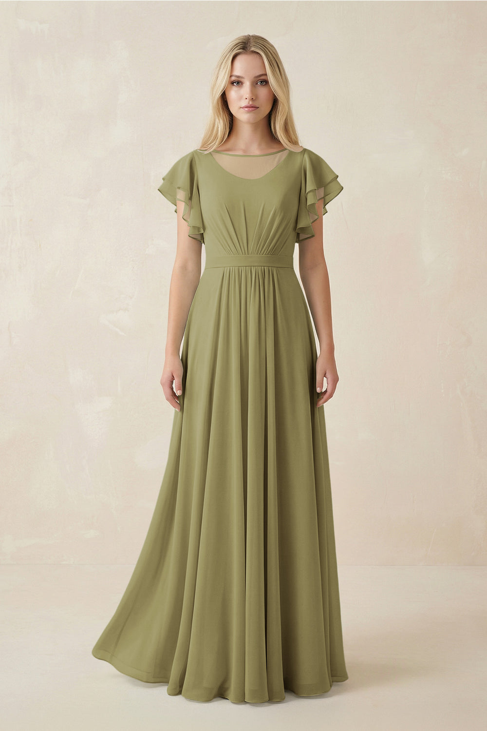 Cap Sleeve Ruffled A-Line Chiffon Bridesmaid Dress in Moss Green