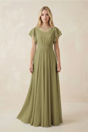 Moss Green Cap Sleeve Ruffled A-Line Chiffon Bridesmaid Dress | KISSBRIDAL