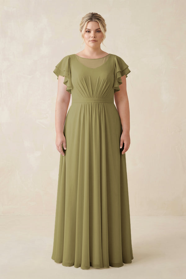 Moss Green Cap Sleeve Ruffled A-Line Chiffon Bridesmaid Dress | KISSBRIDAL