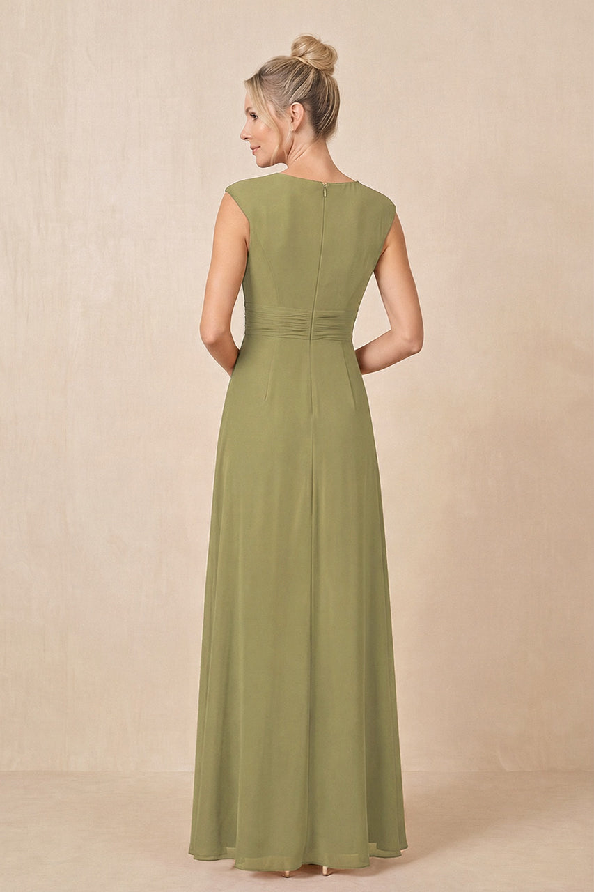 Moss Green Cap Sleeves A-Line Chiffon Pleated Ruffled Mother of the Bride Dress