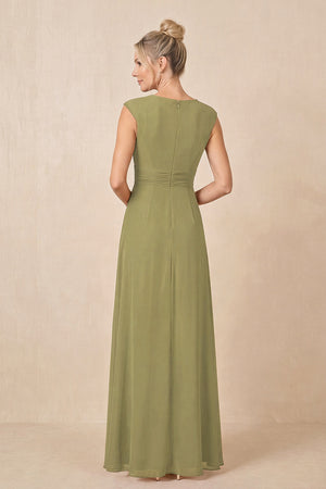 Moss Green Cap Sleeves A-Line Chiffon Pleated Ruffled Mother of the Bride Dress (2) | KISSBRIDAL