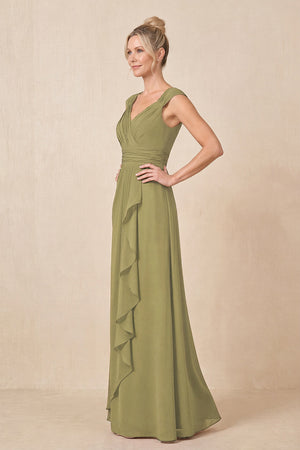 Moss Green Cap Sleeves A-Line Chiffon Pleated Ruffled Mother of the Bride Dress (3) | KISSBRIDAL