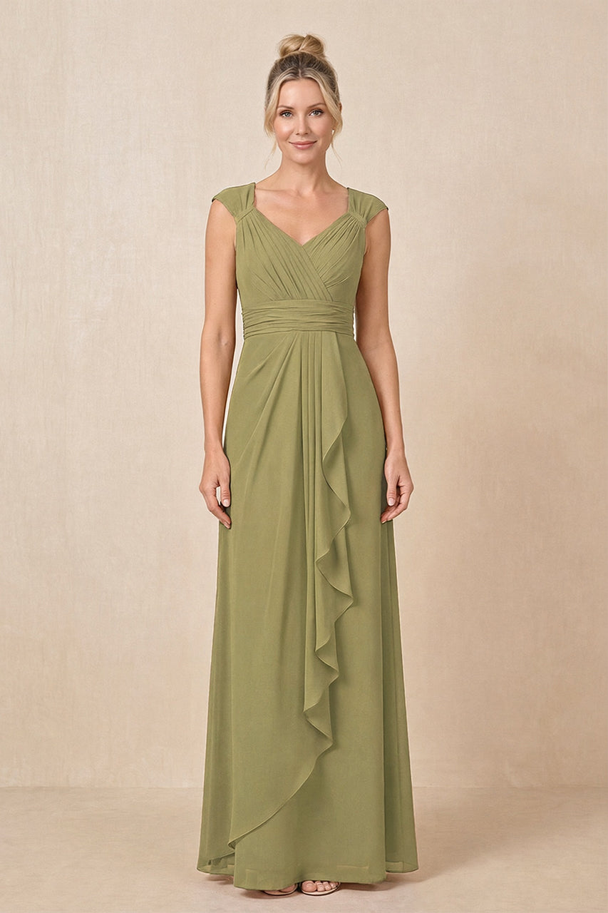 Moss Green Cap Sleeves A-Line Chiffon Pleated Ruffled Mother of the Bride Dress