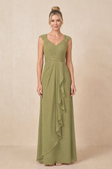 Moss Green Cap Sleeves A-Line Chiffon Pleated Ruffled Mother of the Bride Dress | KISSBRIDAL