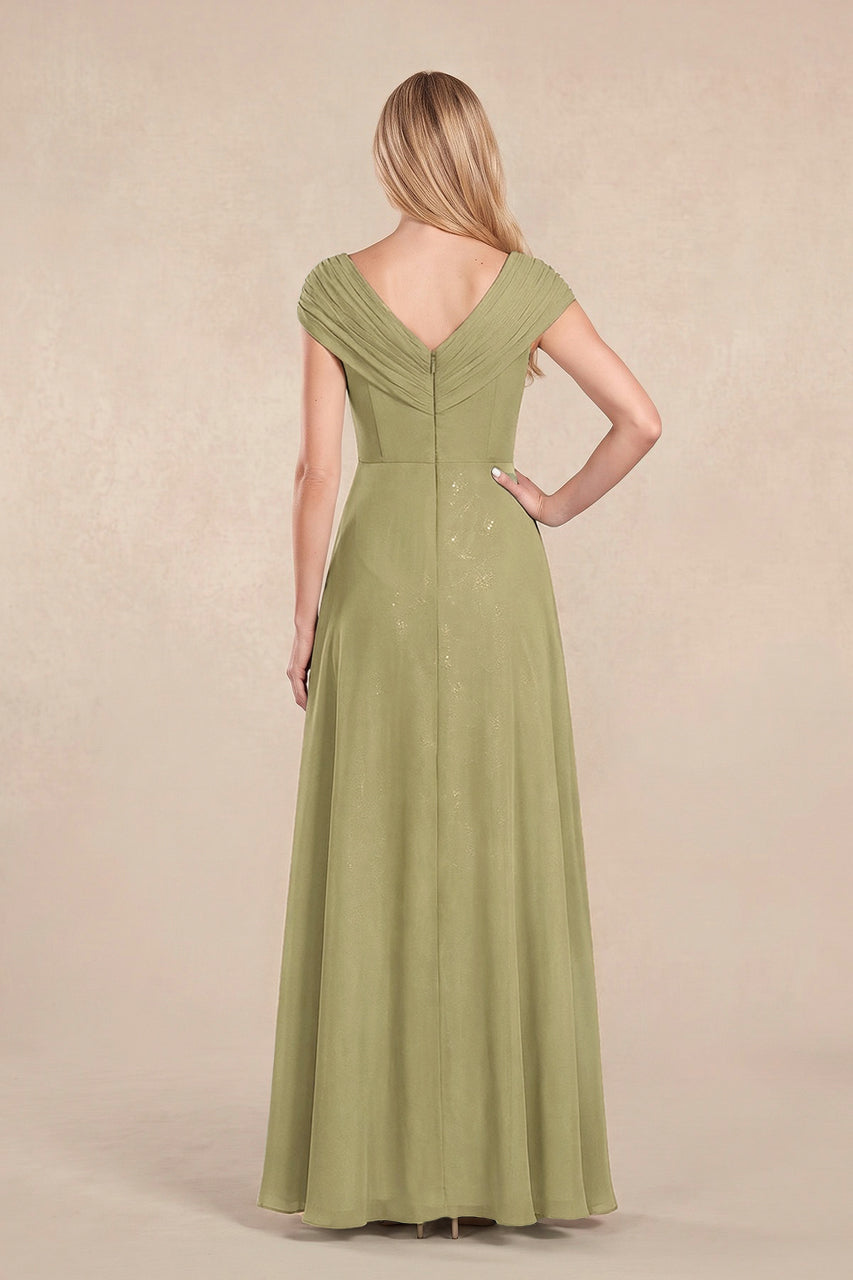 Moss Green Cap Sleeves Chiffon A-Line Lace V-Neck Mother of the Bride Dress