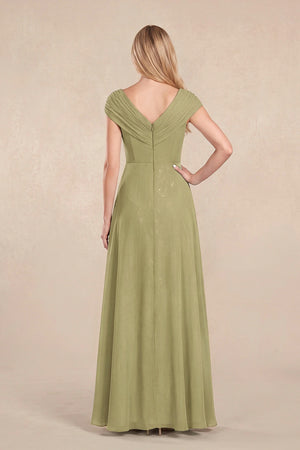 Moss Green Cap Sleeves Chiffon A-Line Lace V-Neck Mother of the Bride Dress (2) | KISSBRIDAL