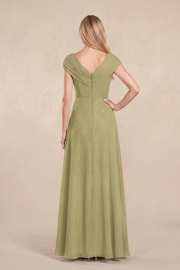 Moss Green Cap Sleeves Chiffon A-Line Lace V-Neck Mother of the Bride Dress (2) | KISSBRIDAL