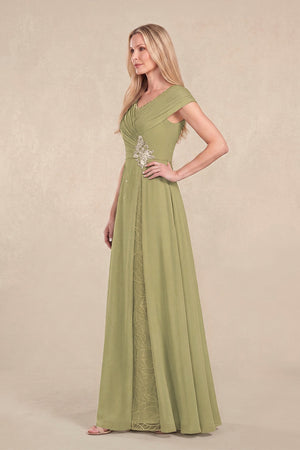 Moss Green Cap Sleeves Chiffon A-Line Lace V-Neck Mother of the Bride Dress (3) | KISSBRIDAL