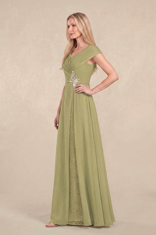 Moss Green Cap Sleeves Chiffon A-Line Lace V-Neck Mother of the Bride Dress (3) | KISSBRIDAL