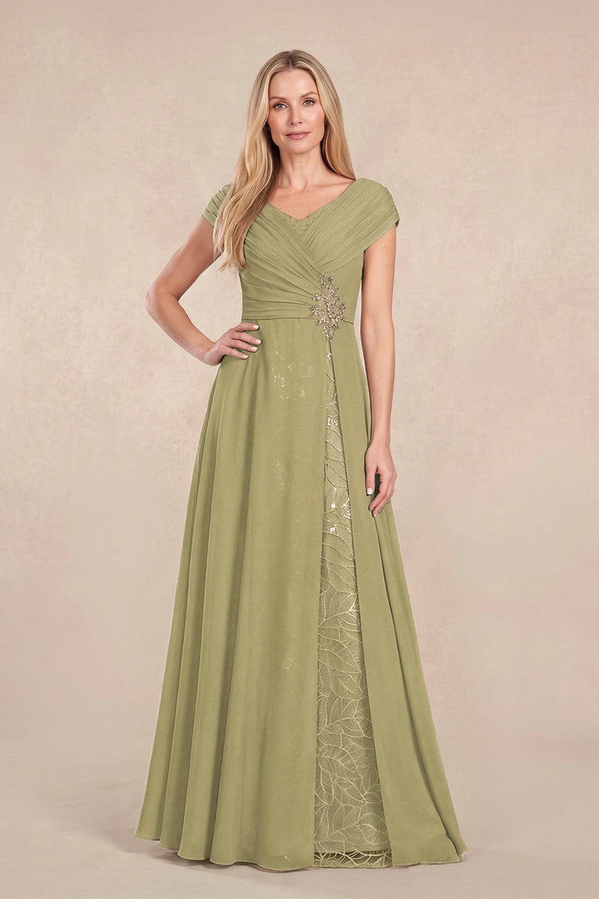 Moss Green Cap Sleeves Chiffon A-Line Lace V-Neck Mother of the Bride Dress