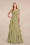 Moss Green Cap Sleeves Chiffon A-Line Lace V-Neck Mother of the Bride Dress | KISSBRIDAL