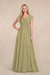 Moss Green Cap Sleeves Chiffon A-Line Lace V-Neck Mother of the Bride Dress | KISSBRIDAL