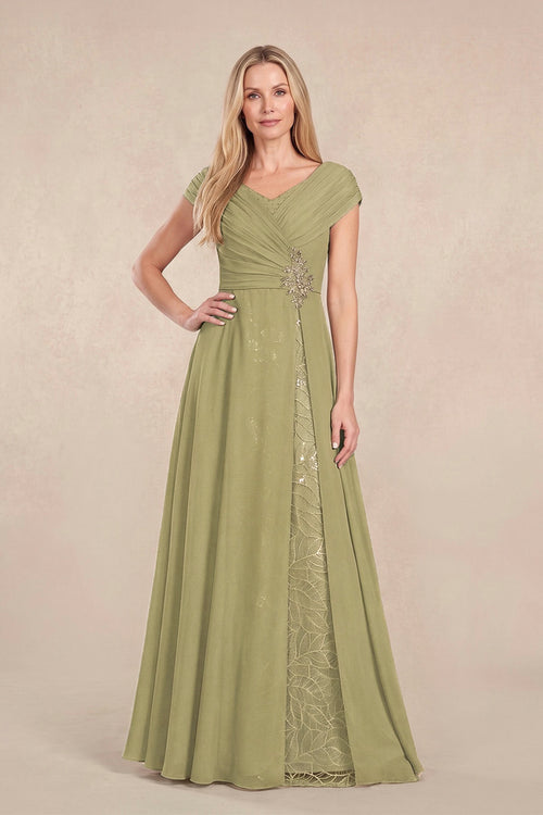 Moss Green Cap Sleeves Chiffon A-Line Lace V-Neck Mother of the Bride Dress | KISSBRIDAL