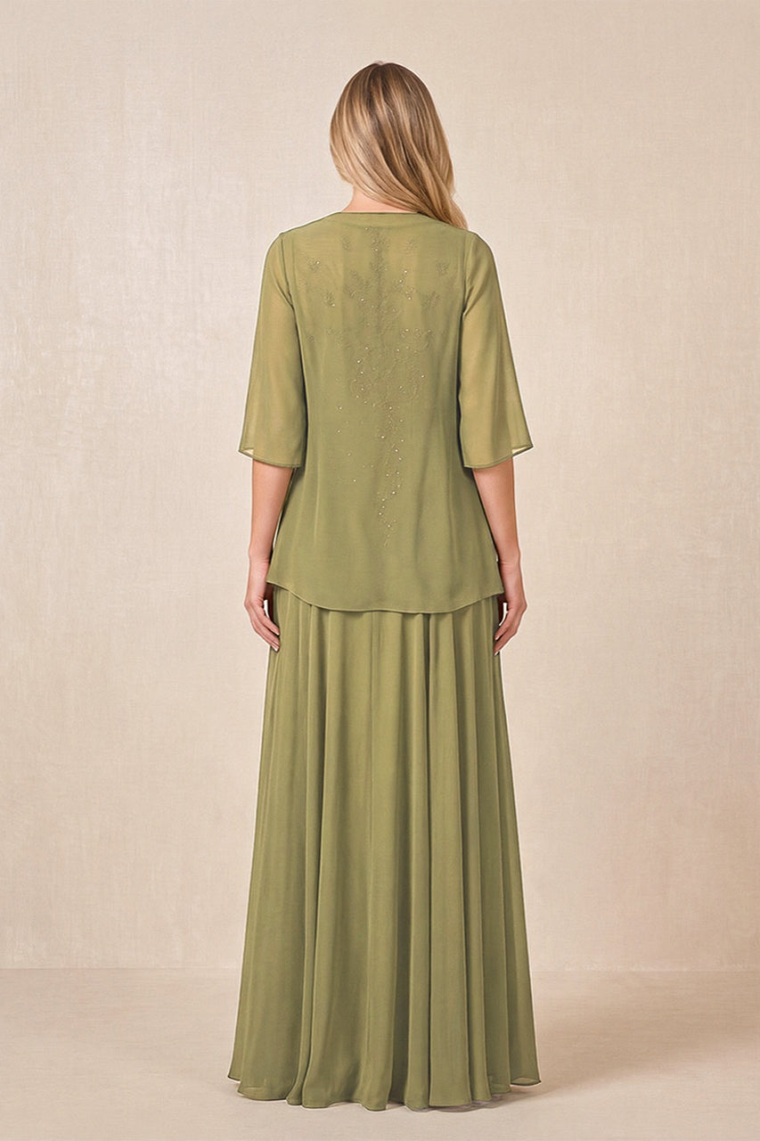Moss Green Cape Sleeves A-Line Chiffon Scoop Neck Embroidered Mother of the Bride Dress