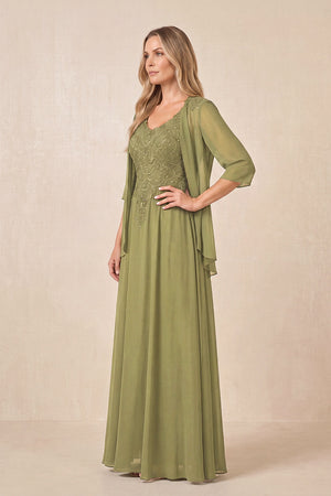 Moss Green Cape Sleeves A-Line Chiffon Scoop Neck Embroidered Mother of the Bride Dress (3) | KISSBRIDAL