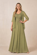Moss Green Cape Sleeves A-Line Chiffon Scoop Neck Embroidered Mother of the Bride Dress | KISSBRIDAL