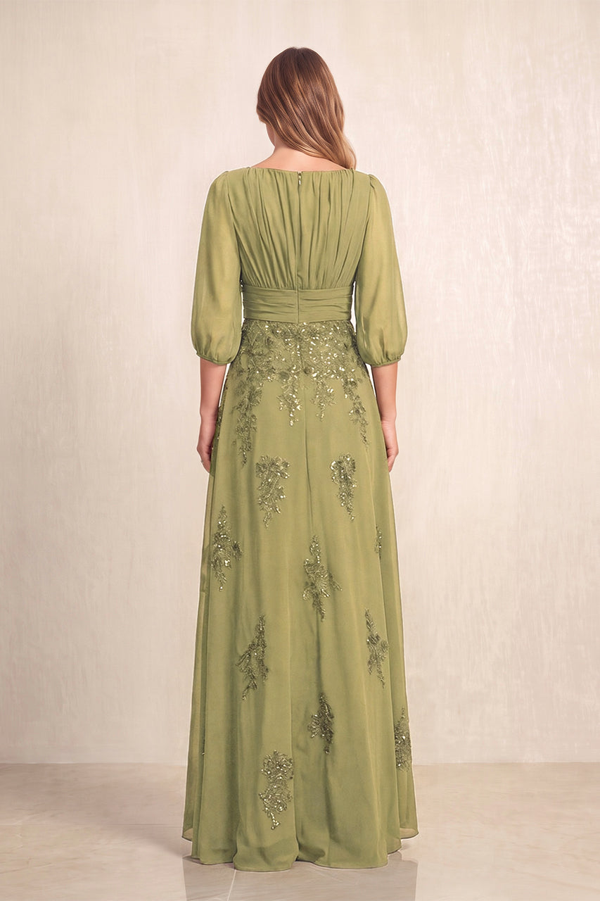 Moss Green Chiffon A-Line Embroidered Boat Neck Long Mother of the Bride Dress