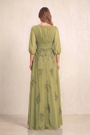 Moss Green Chiffon A-Line Embroidered Boat Neck Long Mother of the Bride Dress (2) | KISSBRIDAL
