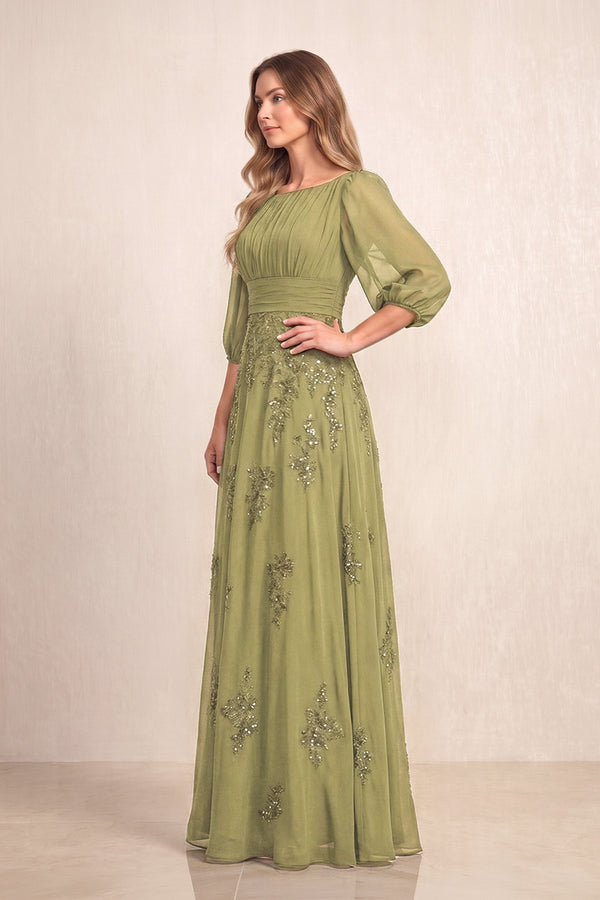 Moss Green Chiffon A-Line Embroidered Boat Neck Long Mother of the Bride Dress (3) | KISSBRIDAL