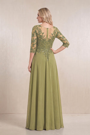Moss Green Chiffon A-Line Embroidered Mother of the Bride Dress With Sleeves (2) | KISSBRIDAL