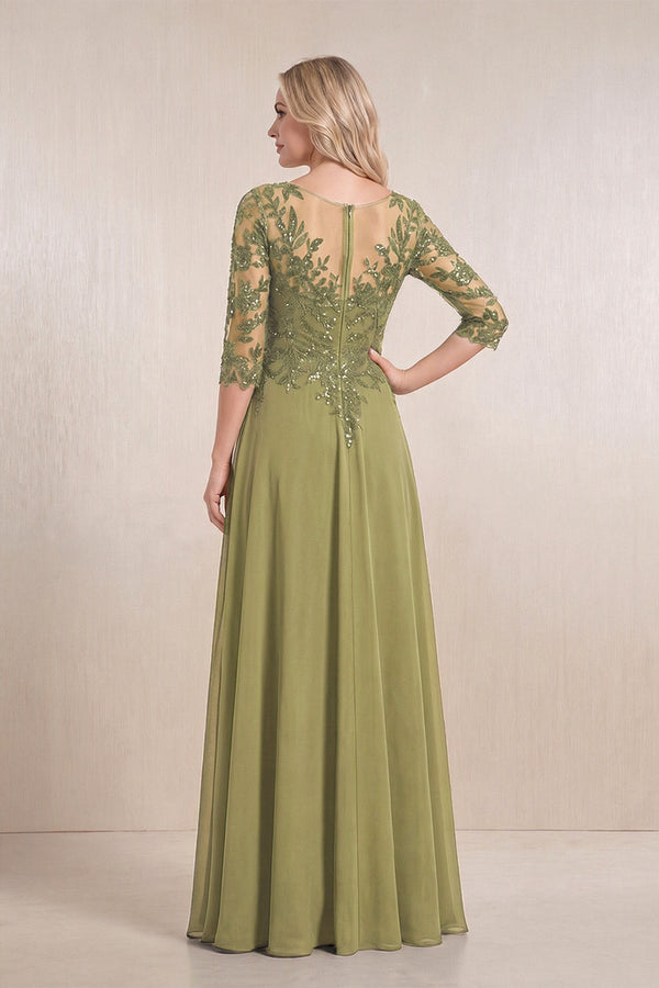 Moss Green Chiffon A-Line Embroidered Mother of the Bride Dress With Sleeves (2) | KISSBRIDAL