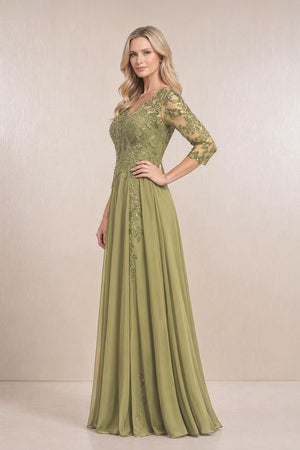 Moss Green Chiffon A-Line Embroidered Mother of the Bride Dress With Sleeves (3) | KISSBRIDAL