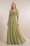 Moss Green Chiffon A-Line Embroidered Mother of the Bride Dress With Sleeves | KISSBRIDAL