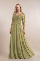 Moss Green Chiffon A-Line Embroidered Mother of the Bride Dress With Sleeves | KISSBRIDAL