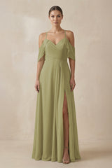 Moss Green Chiffon A-Line Long Bridesmaid Dress | KISSBRIDAL