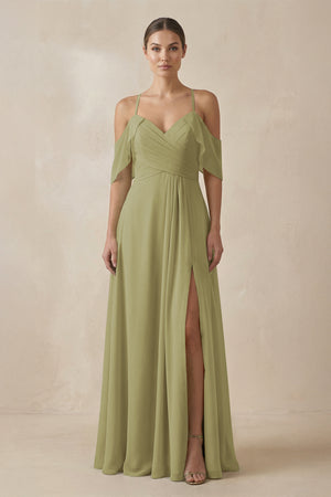 Moss Green Chiffon A-Line Long Bridesmaid Dress | KISSBRIDAL