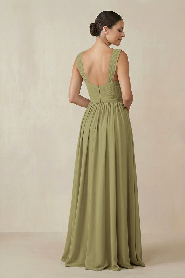 Moss Green Chiffon A-Line Pleated Bridesmaid Dress (2) | KISSBRIDAL