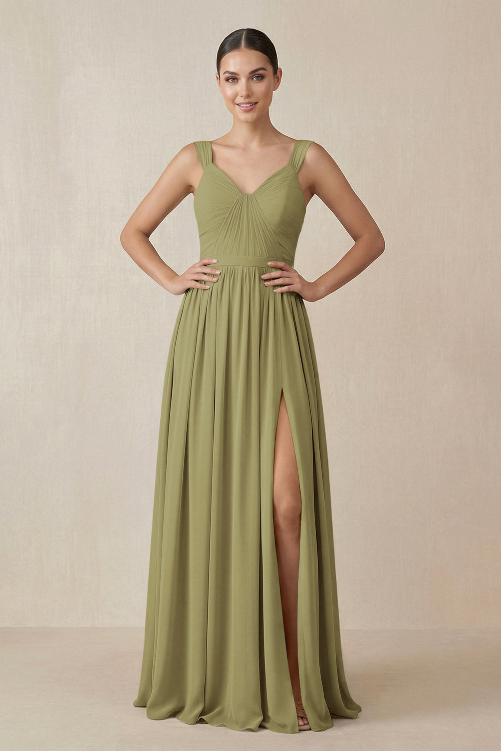 Chiffon A-Line Pleated Bridesmaid Dress in Moss Green