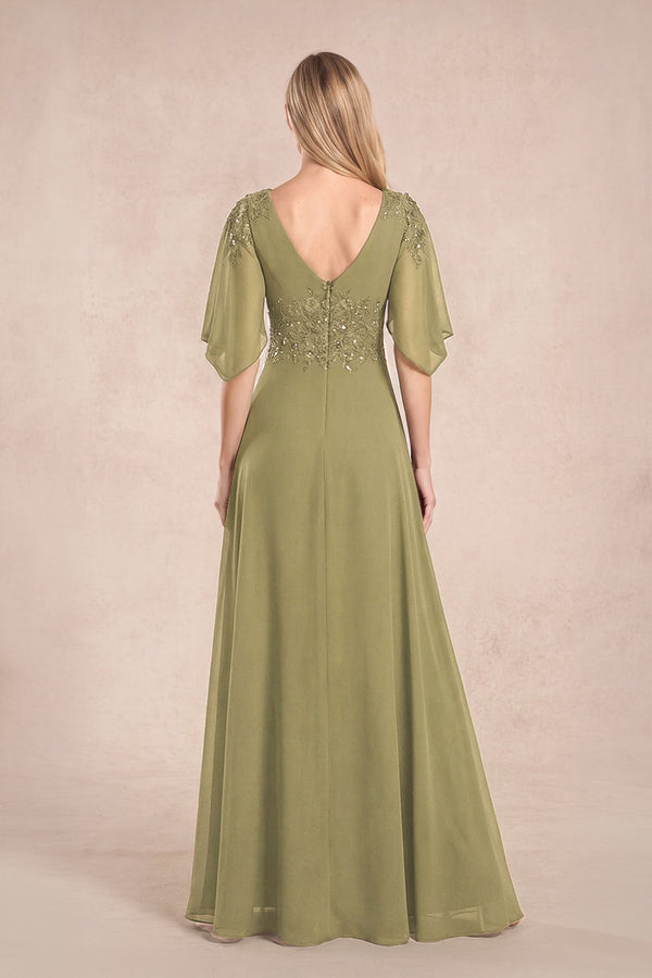 Moss Green Chiffon Lone Sleeves A-Line V-Neck Embroidered Mother of the Bride Dress (2) | KISSBRIDAL