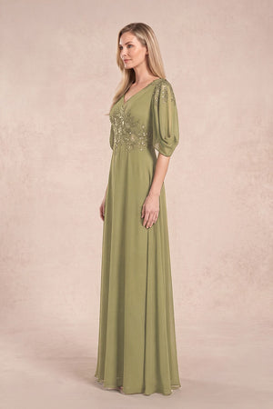 Moss Green Chiffon Lone Sleeves A-Line V-Neck Embroidered Mother of the Bride Dress (3) | KISSBRIDAL