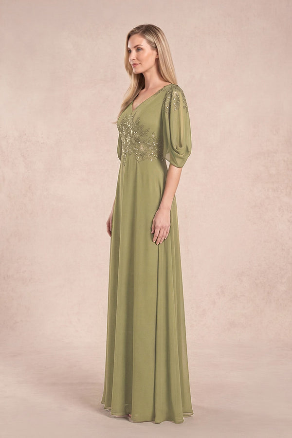 Moss Green Chiffon Lone Sleeves A-Line V-Neck Embroidered Mother of the Bride Dress (3) | KISSBRIDAL