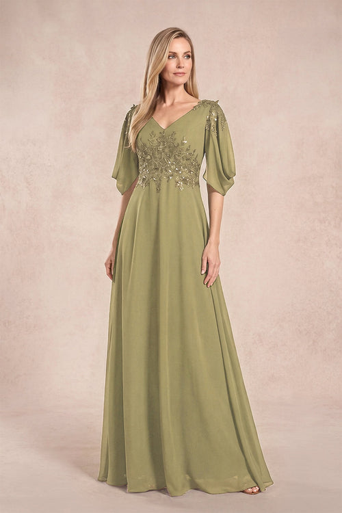Moss Green Chiffon Lone Sleeves A-Line V-Neck Embroidered Mother of the Bride Dress | KISSBRIDAL