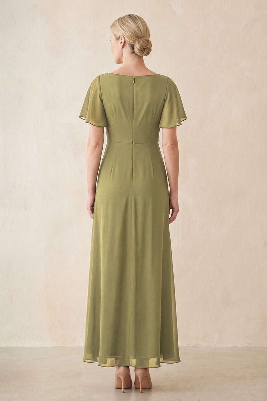 Moss Green Chiffon Ruched A-Line Ruffled Sleeves Midi Mother of the Bride Dress