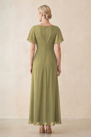 Moss Green Chiffon Ruched A-Line Ruffled Sleeves Midi Mother of the Bride Dress (2) | KISSBRIDAL