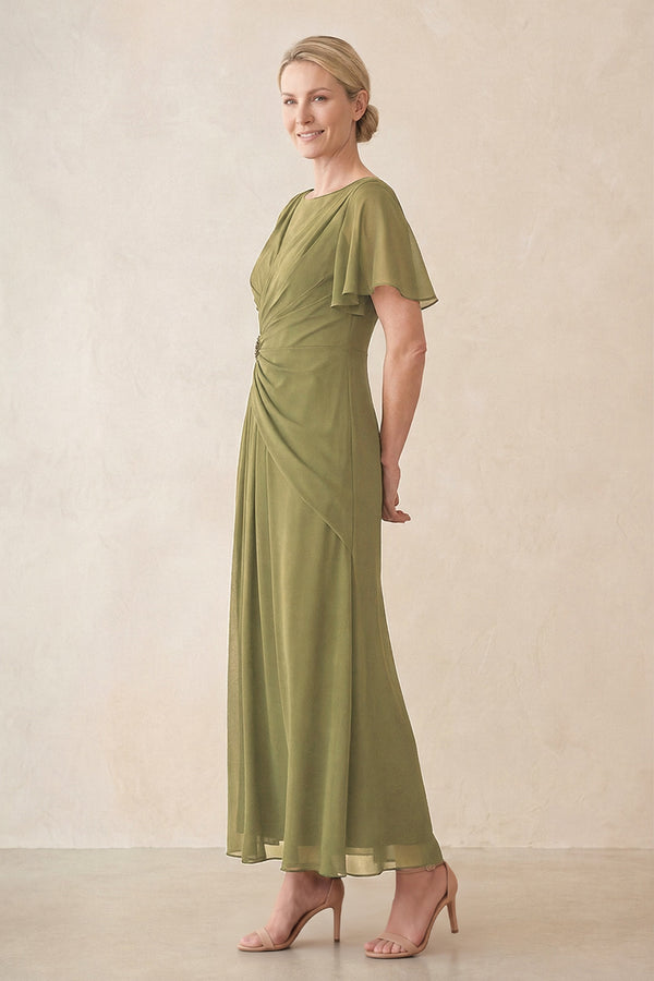 Moss Green Chiffon Ruched A-Line Ruffled Sleeves Midi Mother of the Bride Dress (3) | KISSBRIDAL
