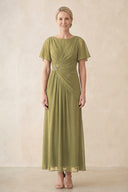 Moss Green Chiffon Ruched A-Line Ruffled Sleeves Midi Mother of the Bride Dress | KISSBRIDAL