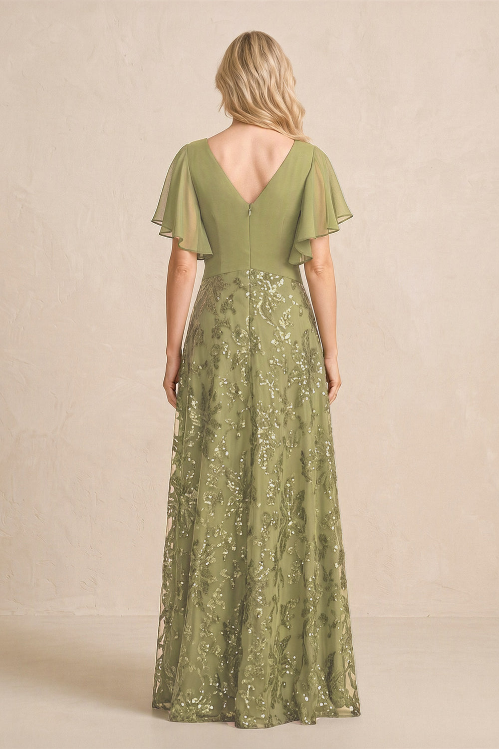 Moss Green Chiffon V-Neck A-Line Embroidered Mother of the Bride Dress with Ruffled Sleeves