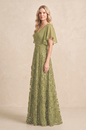 Moss Green Chiffon V-Neck A-Line Embroidered Mother of the Bride Dress with Ruffled Sleeves (3) | KISSBRIDAL