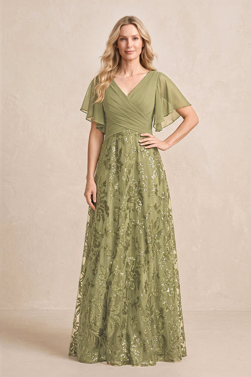 Moss Green Chiffon V-Neck A-Line Embroidered Mother of the Bride Dress with Ruffled Sleeves | KISSBRIDAL