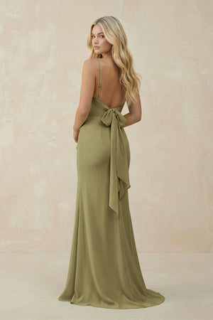 Moss Green Cowl Neck Sheath Chiffon Bridesmaid Dress with Corset (2) | KISSBRIDAL