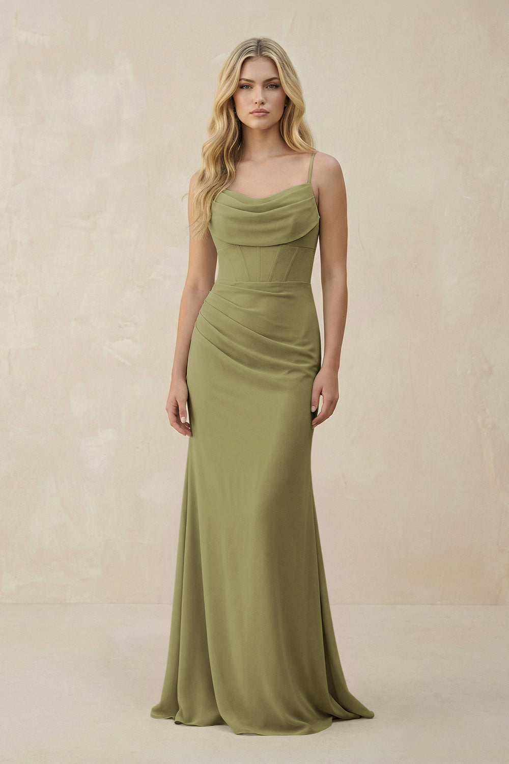 Cowl Neck Sheath Chiffon Bridesmaid Dress with Corset in Moss Green