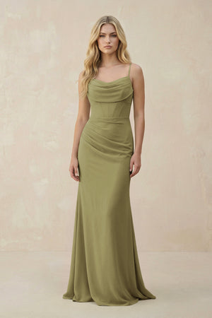 Moss Green Cowl Neck Sheath Chiffon Bridesmaid Dress with Corset | KISSBRIDAL