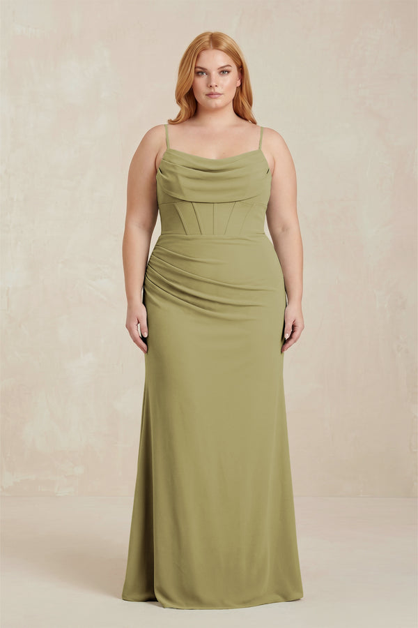 Moss Green Cowl Neck Sheath Chiffon Bridesmaid Dress with Corset [sizeplus] | KISSBRIDAL