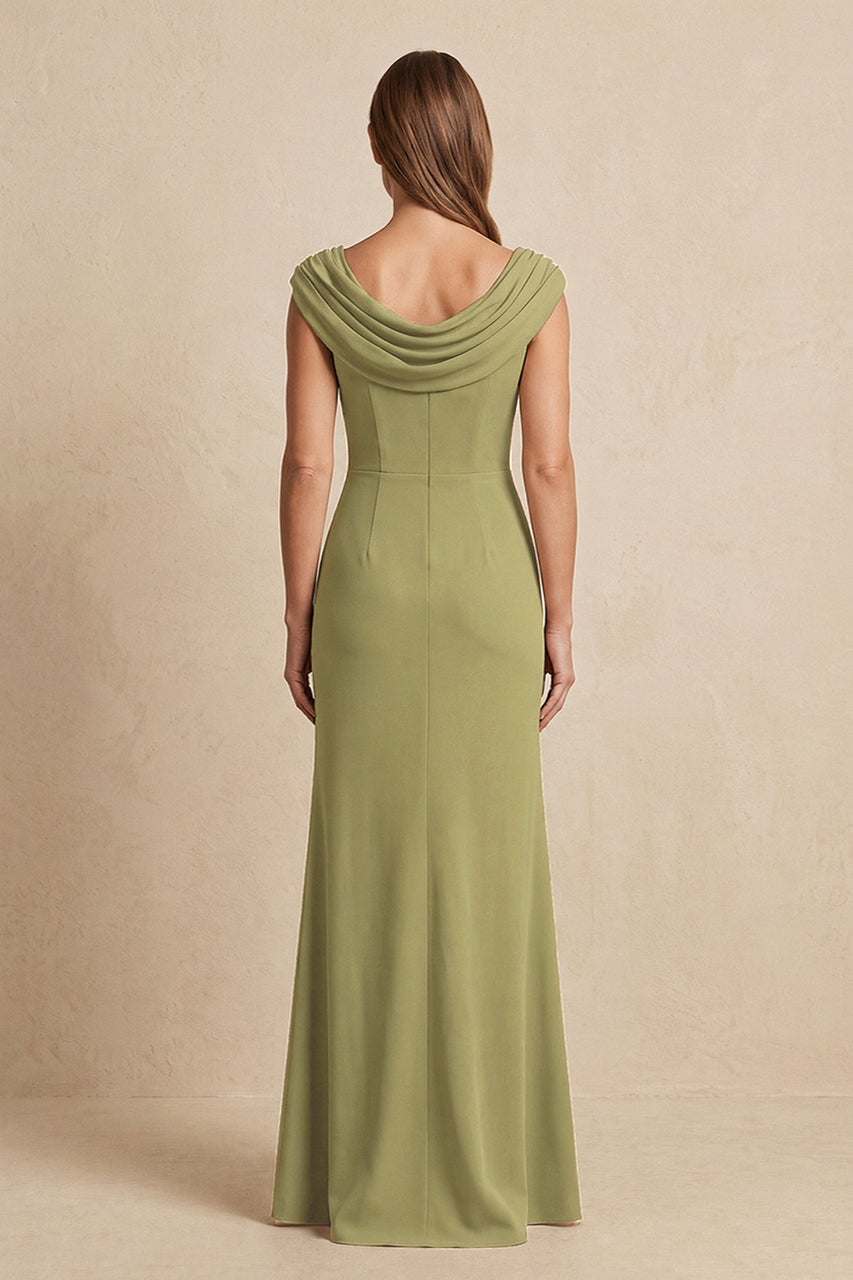 Moss Green Cowl Neck Sheath Chiffon Mother of the Bride Dress with Slit and Cap Sleeves